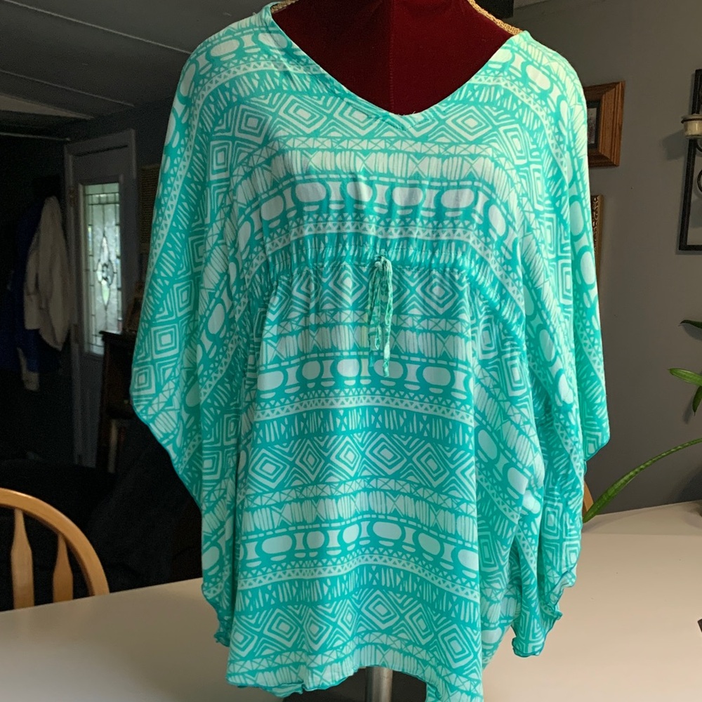 Teal Geometric Patterned Poncho/Cover Up